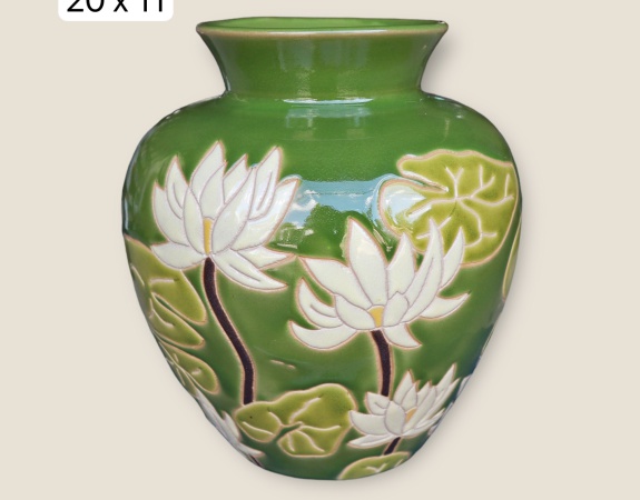 BÌNH HOA CHẤM KHẮC BẦU XANH LÁ HOA SEN TRẮNG